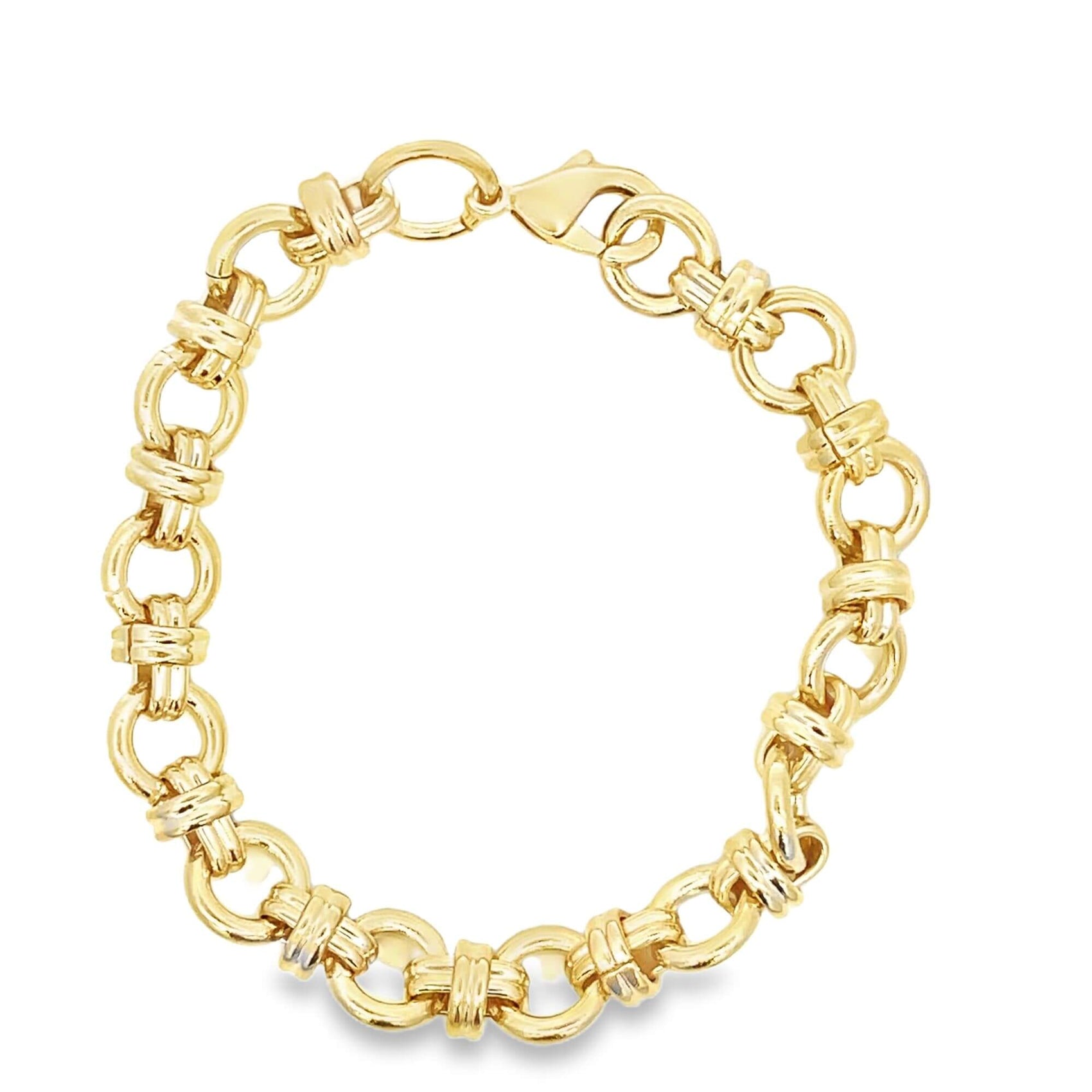 A thick gold link bracelet curves into a circle against a white background.
