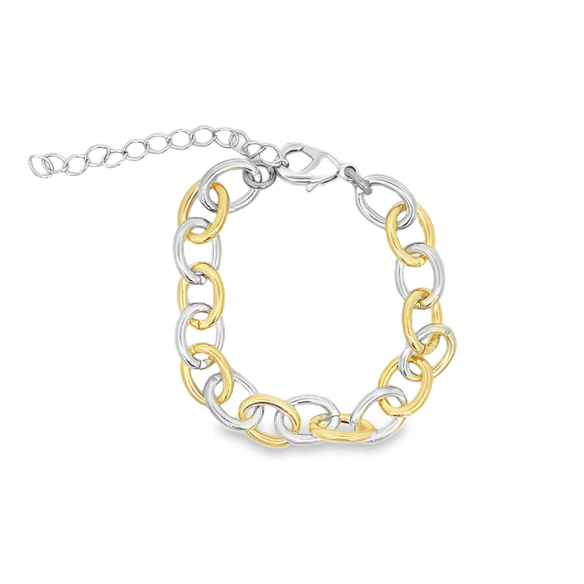 Two-tone gold and rhodium chain bracelet on a white background