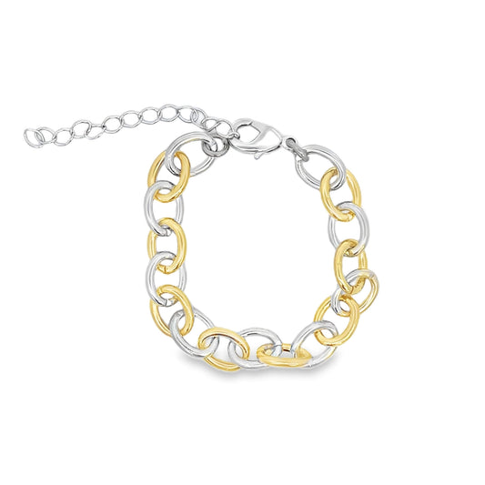 Two-tone gold and rhodium chain bracelet on a white background