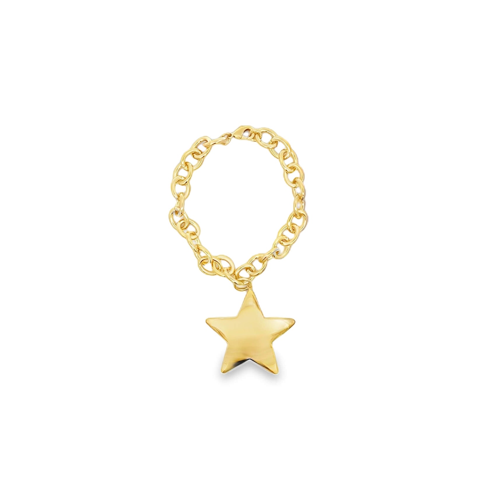 A polished gold star charm hangs from a thick, interlocking gold chain bracelet against a clean white background.