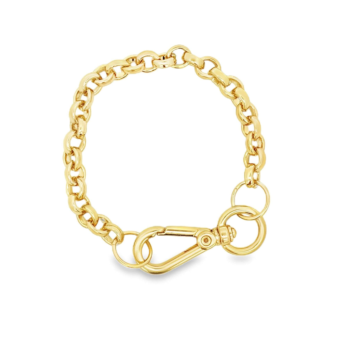 A polished gold chain bracelet features a secure lobster clasp and connector rings against a white background.