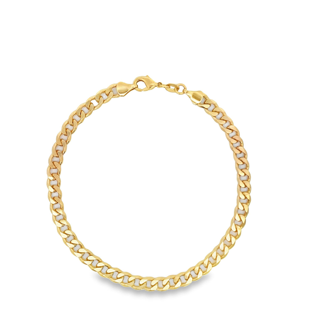 A thick gold chain necklace with interlocking links displays a secure lobster clasp on a clean white background.