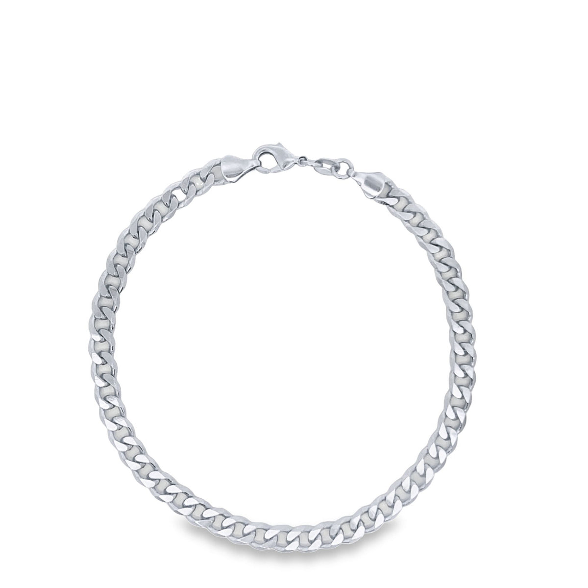 A polished sterling silver curb chain bracelet curves gracefully on a clean white background.