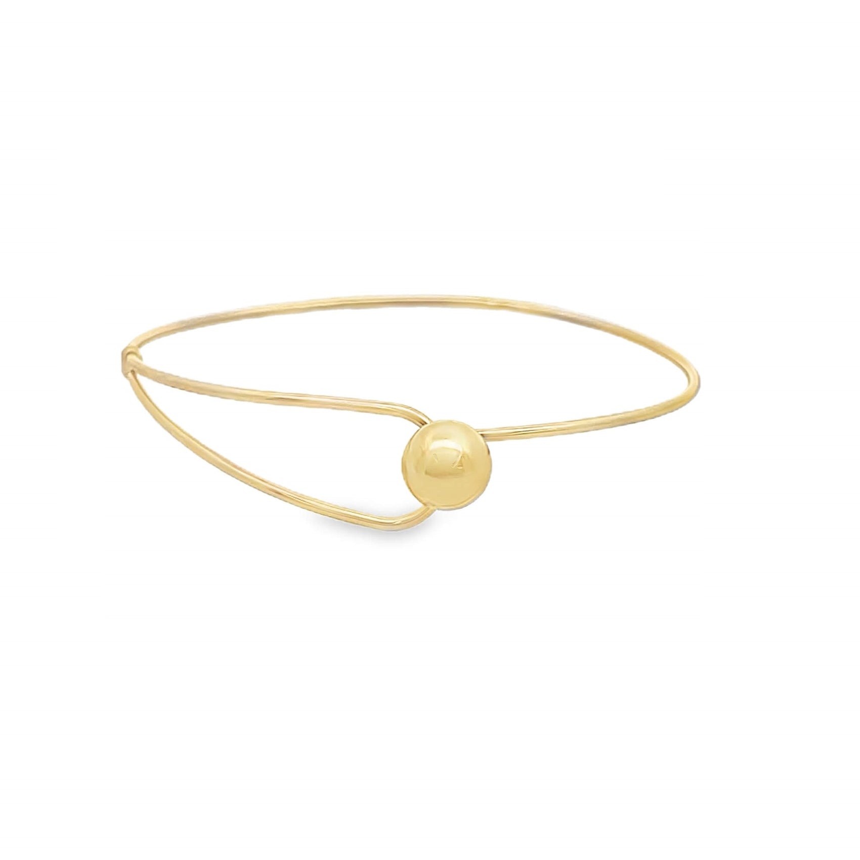 A sleek gold wire bangle bracelet features a polished round bead centered on an open loop design against a plain white background.