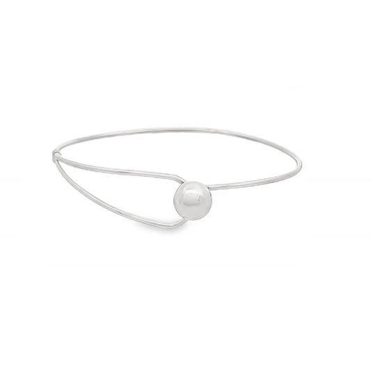 A sleek silver wire bangle bracelet features a polished round ball accent at the clasp against a clean white background.