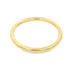 A simple polished yellow gold band ring rests on a clean white background.