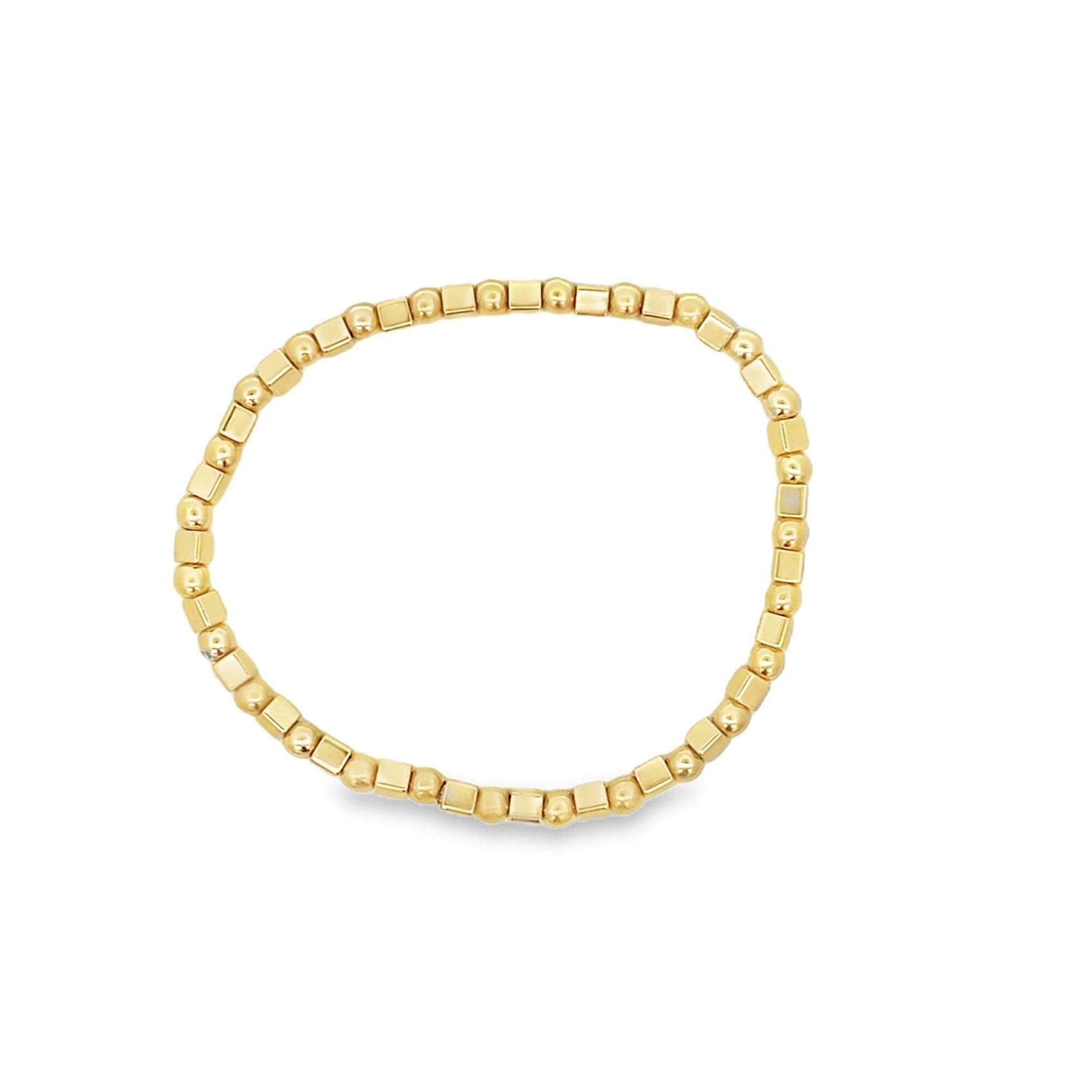 A sleek gold beaded stretch bracelet features alternating round and cube-shaped metallic beads arranged in a continuous circle on a plain white background.