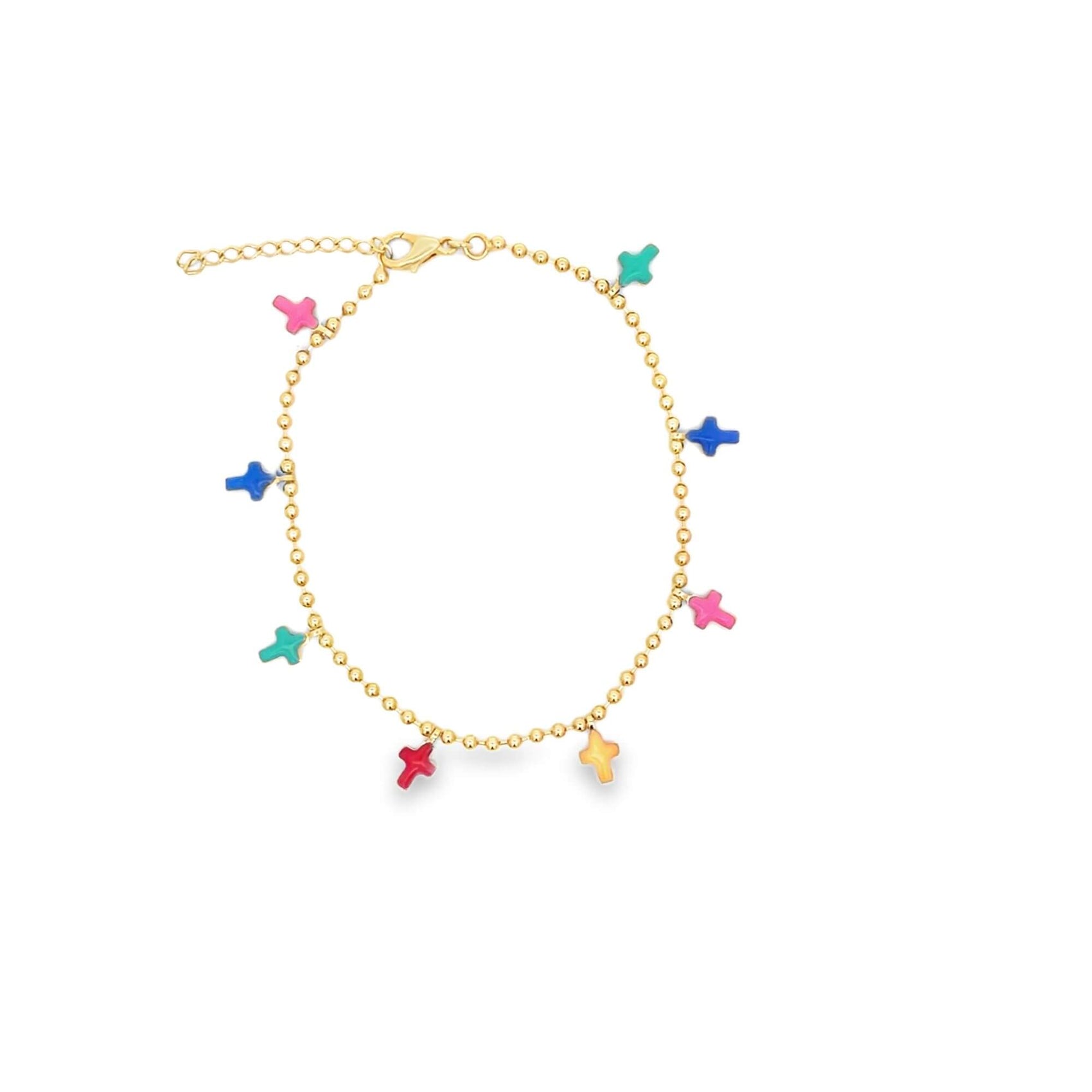 A gold beaded anklet features colorful cross charms hanging along the chain.