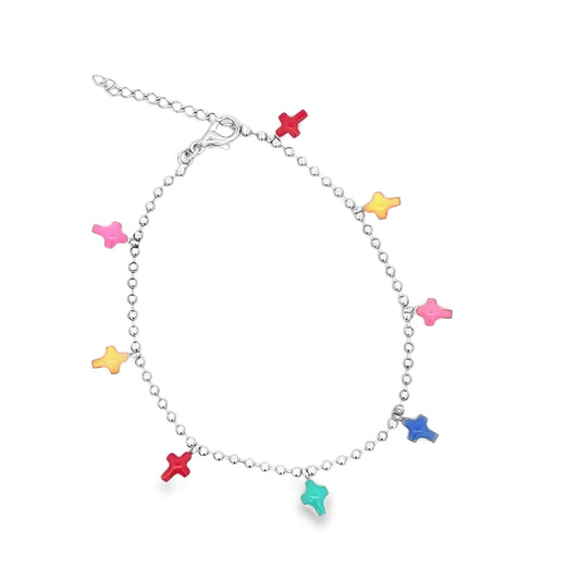A silver ball-chain anklet displays hanging colorful cross charms.
