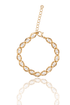 A gleaming gold chain bracelet inlaid with delicate white pearls rests on a reflective white surface, featuring an adjustable extender chain with a lobster clasp.