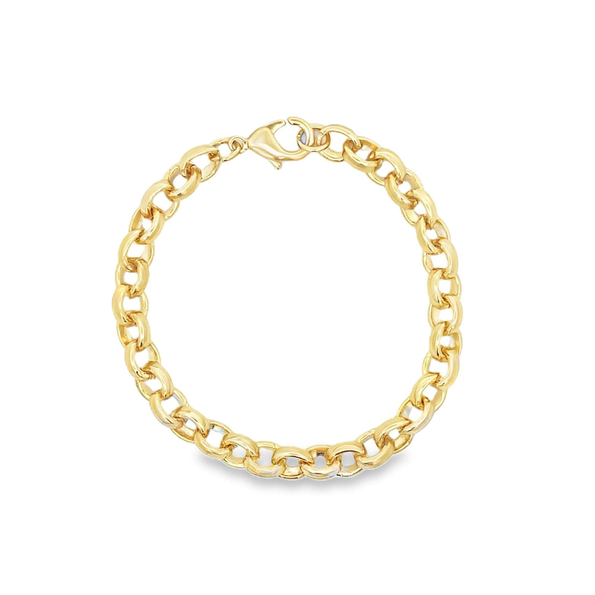 A shiny yellow gold curb link bracelet rests in a circle against a white background.