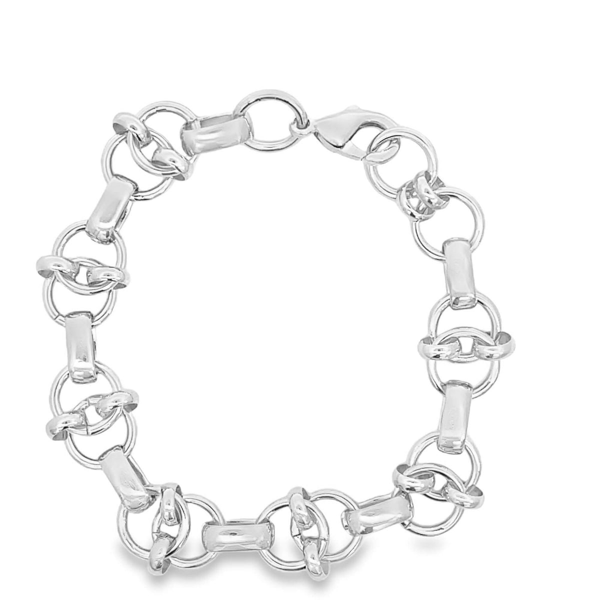 A polished silver link bracelet displays alternating round rings and smooth rectangular bars in a circular arrangement.