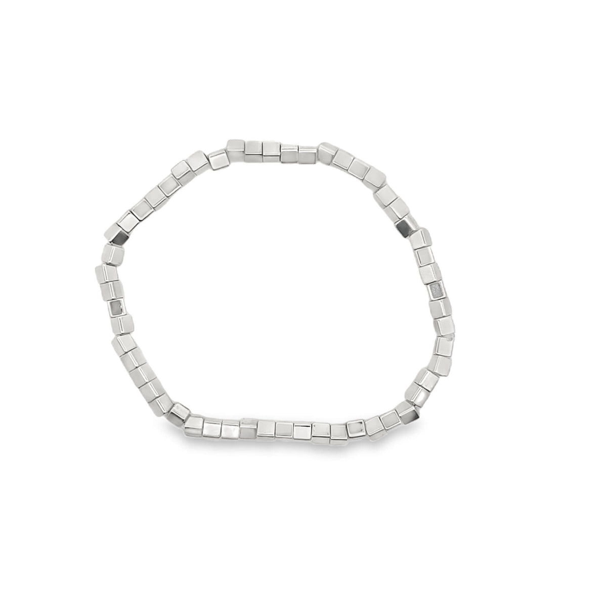 A sleek silver bead bracelet features interconnected metallic cube shapes arranged in a continuous circle against a clean white background.