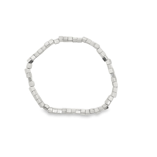 A sleek silver bead bracelet features interconnected metallic cube shapes arranged in a continuous circle against a clean white background.
