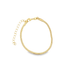 A gold snake chain bracelet rests flat against a clean white background, showcasing its sleek texture and adjustable clasp.