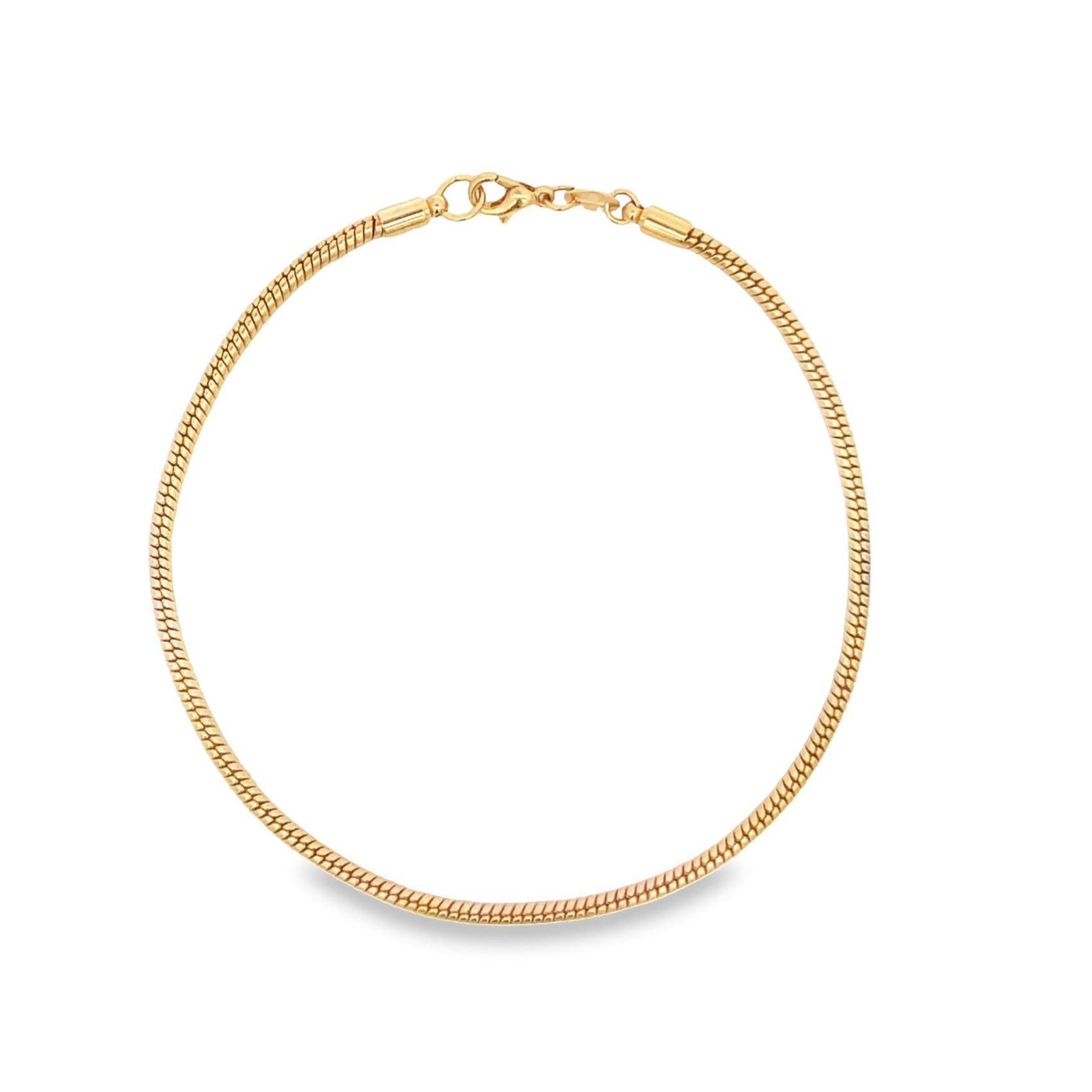 A gleaming gold snake chain necklace curls gracefully into a closed circle against a clean white background.