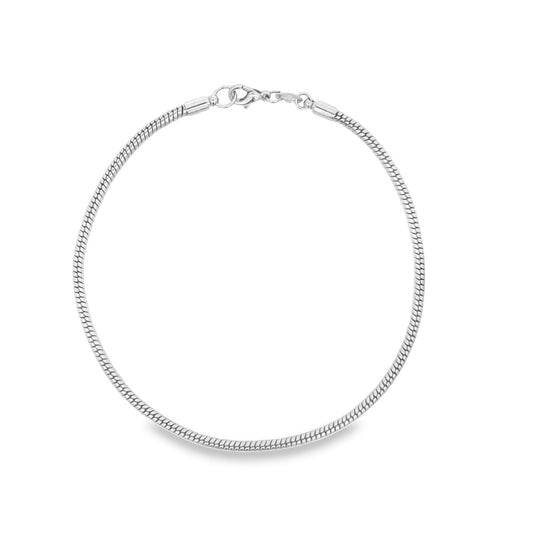 A sleek sterling silver snake chain necklace forms a clean circular shape against a plain white background.