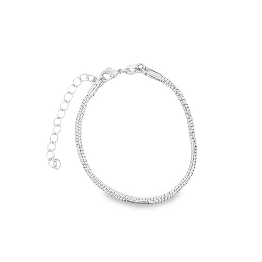 A sleek silver snake chain bracelet rests against a clean white background, showcasing its adjustable link chain and secure clasp.
