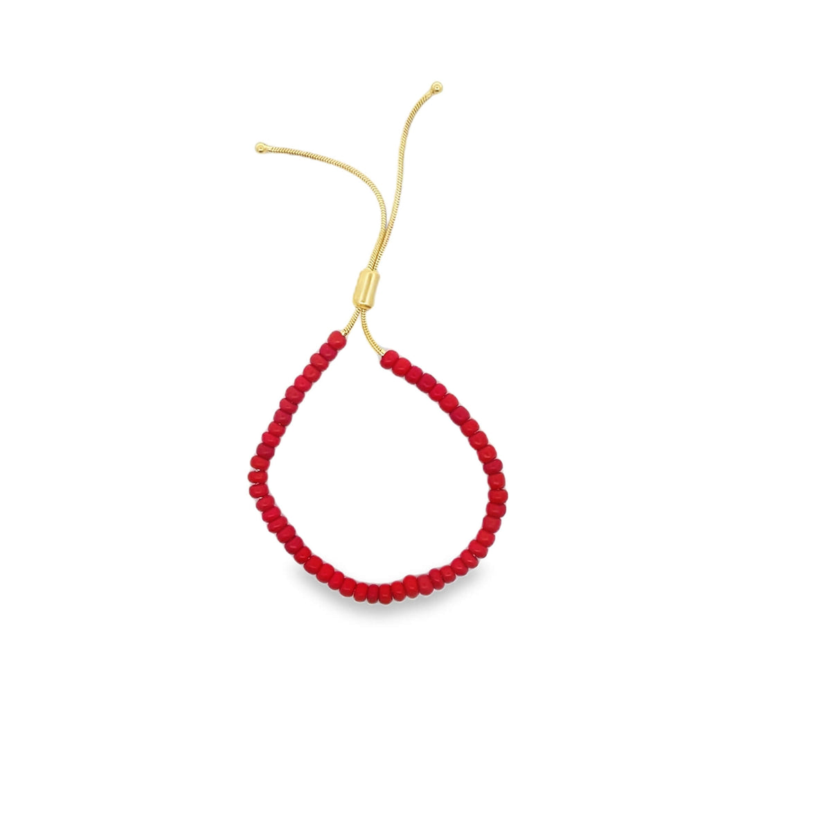 A vibrant red beaded adjustable slider bracelet features delicate gold chains and a secure metal clasp against a clean white background.