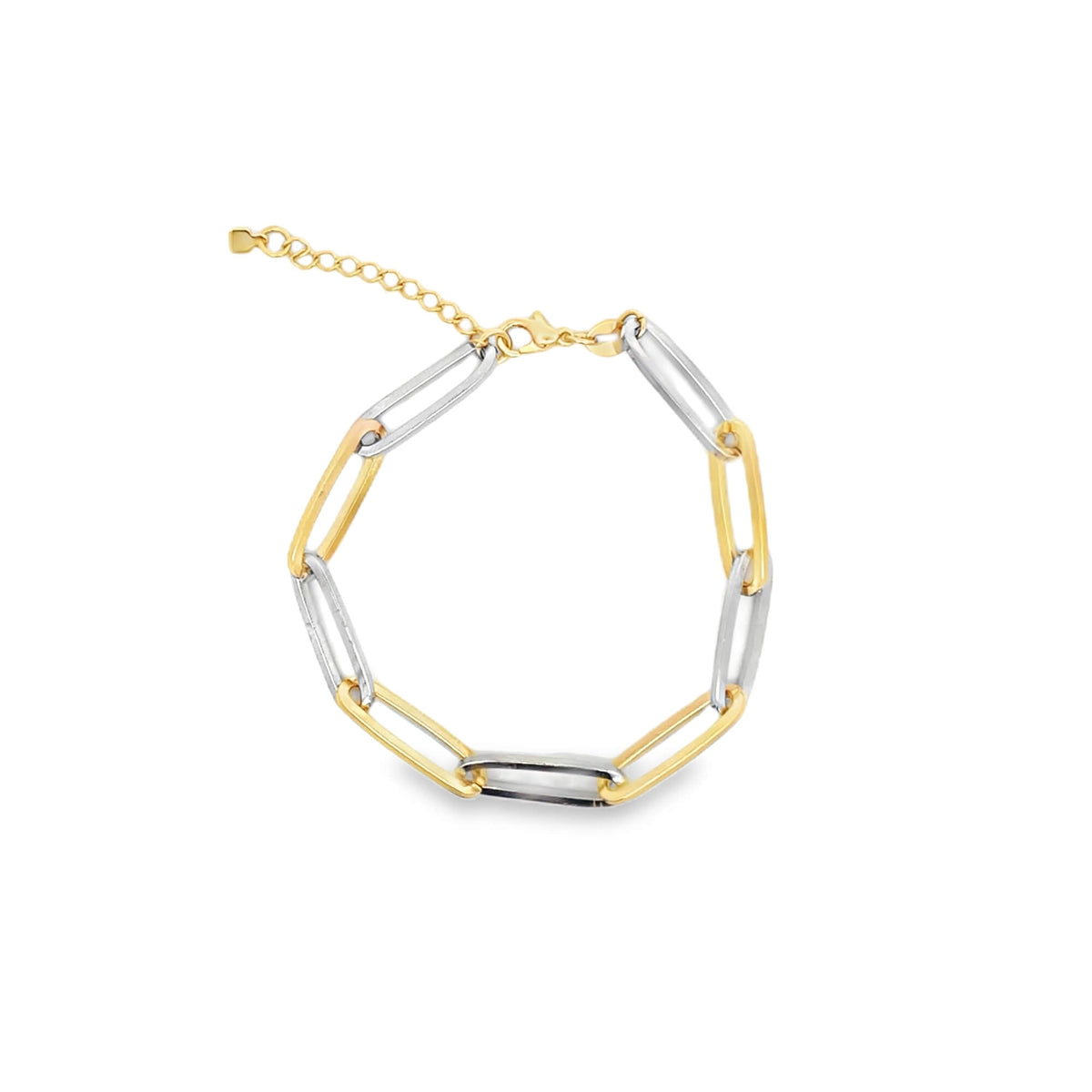 A two-tone paperclip link bracelet displays alternating yellow and white gold links on a white background.