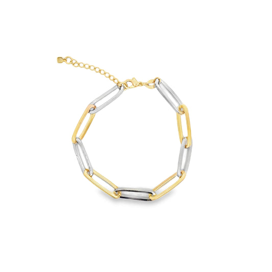 A two-tone paperclip link bracelet displays alternating yellow and white gold links on a white background.