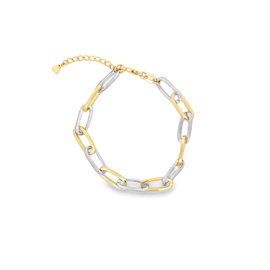 A two-tone link bracelet features alternating gold and silver paperclip links against a clean white background.