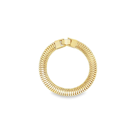 A sleek gold herringbone chain bracelet rests flat against a clean white background, showcasing its intricate interlocking links and secure clasp.
