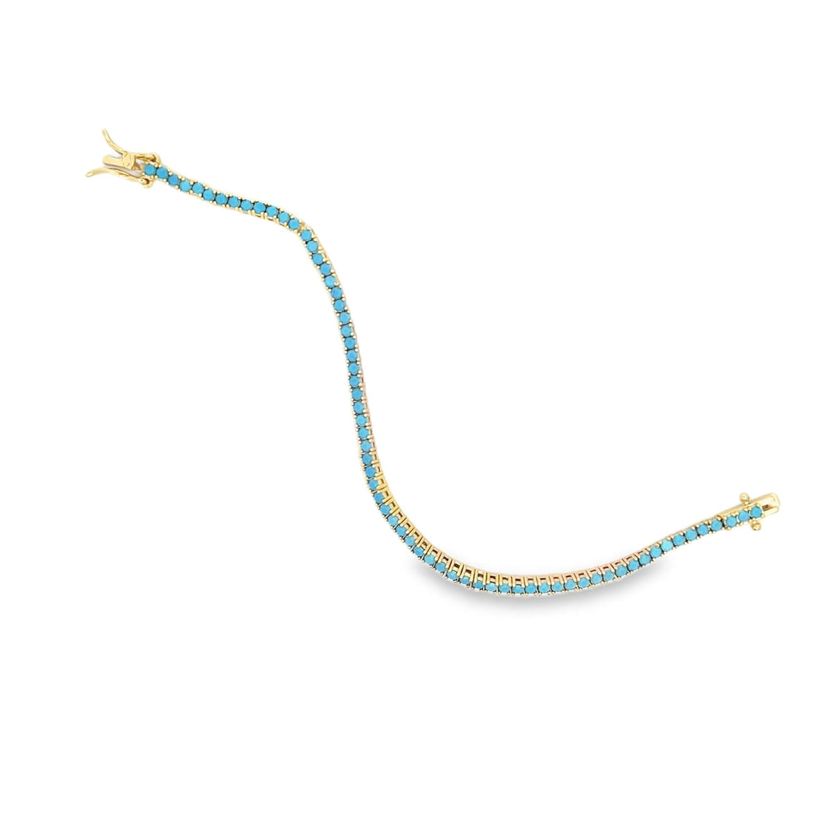 A delicate gold tennis bracelet sparkles with vibrant round turquoise stones against a clean white background.
