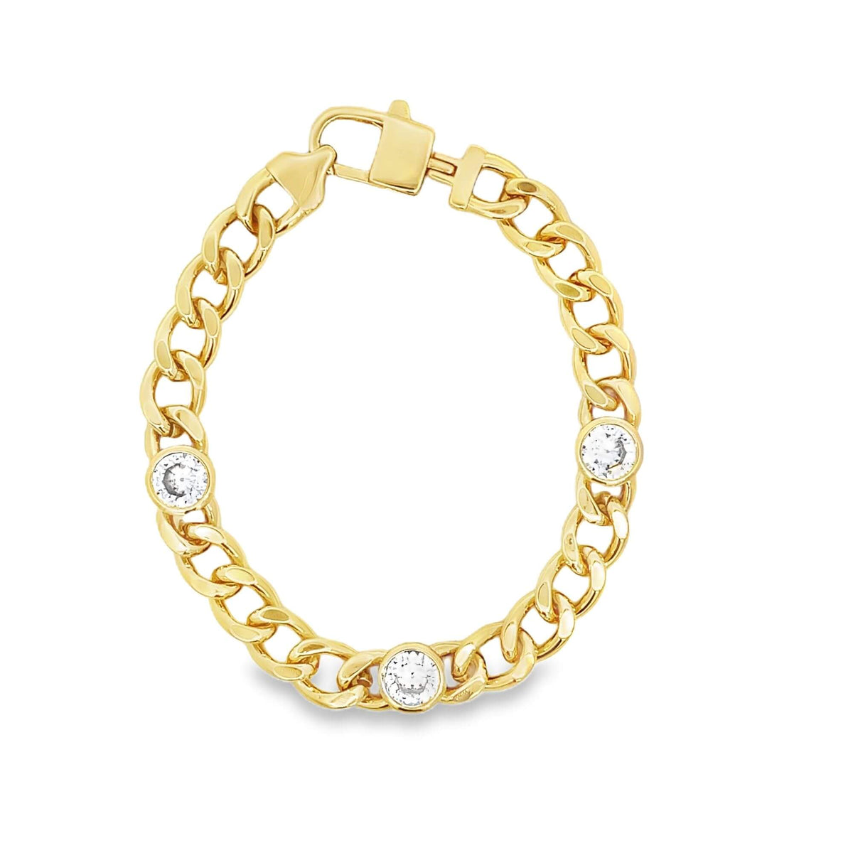 A gold curb chain bracelet features three bezel-set round diamonds arranged symmetrically against a clean white background.