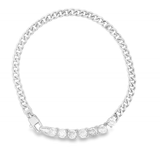 A silver curb chain necklace features a sparkling row of round-cut diamonds along its lower section against a plain white background.