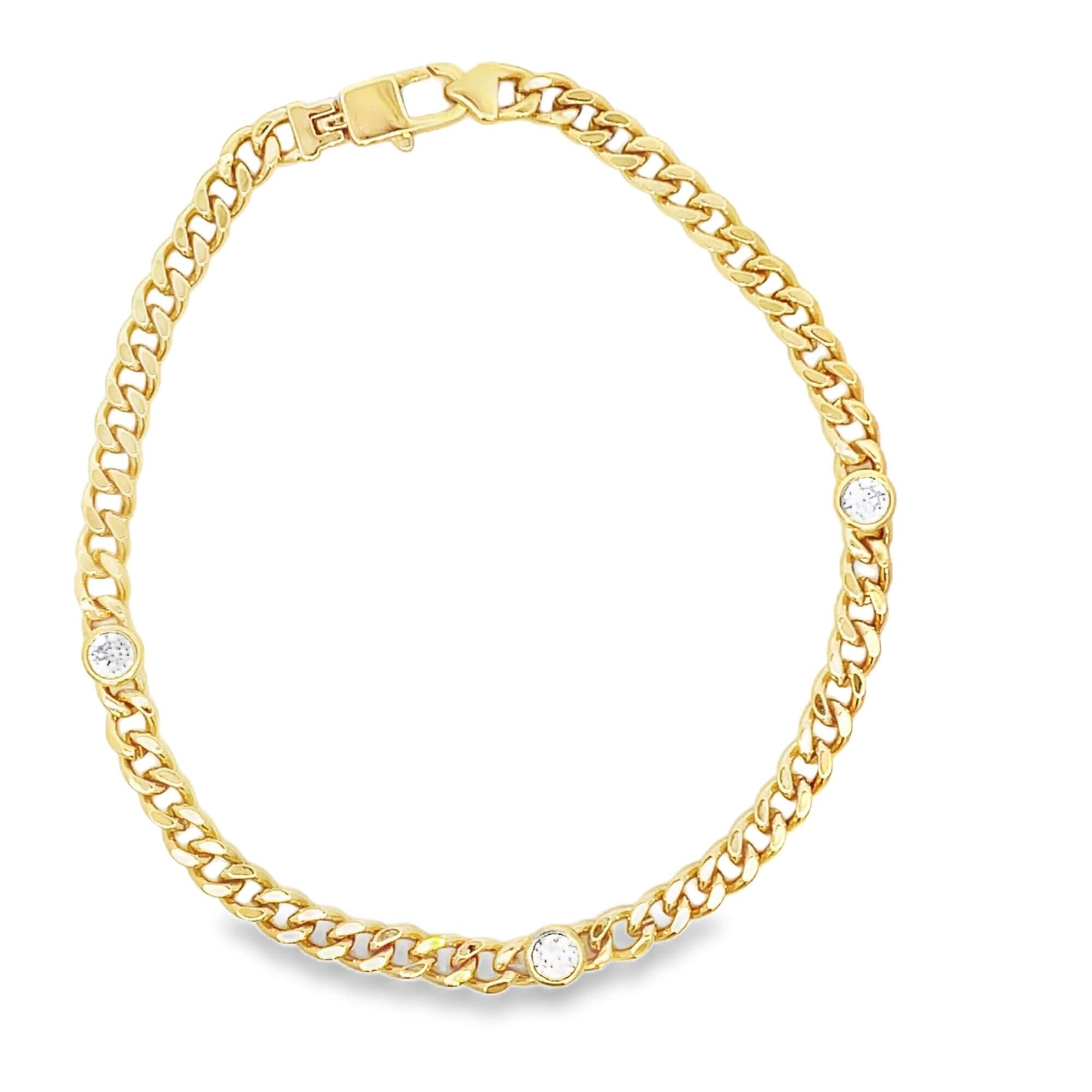 Thin Triple CZ Gemstone Cuban Link Necklace (H282/I428A)