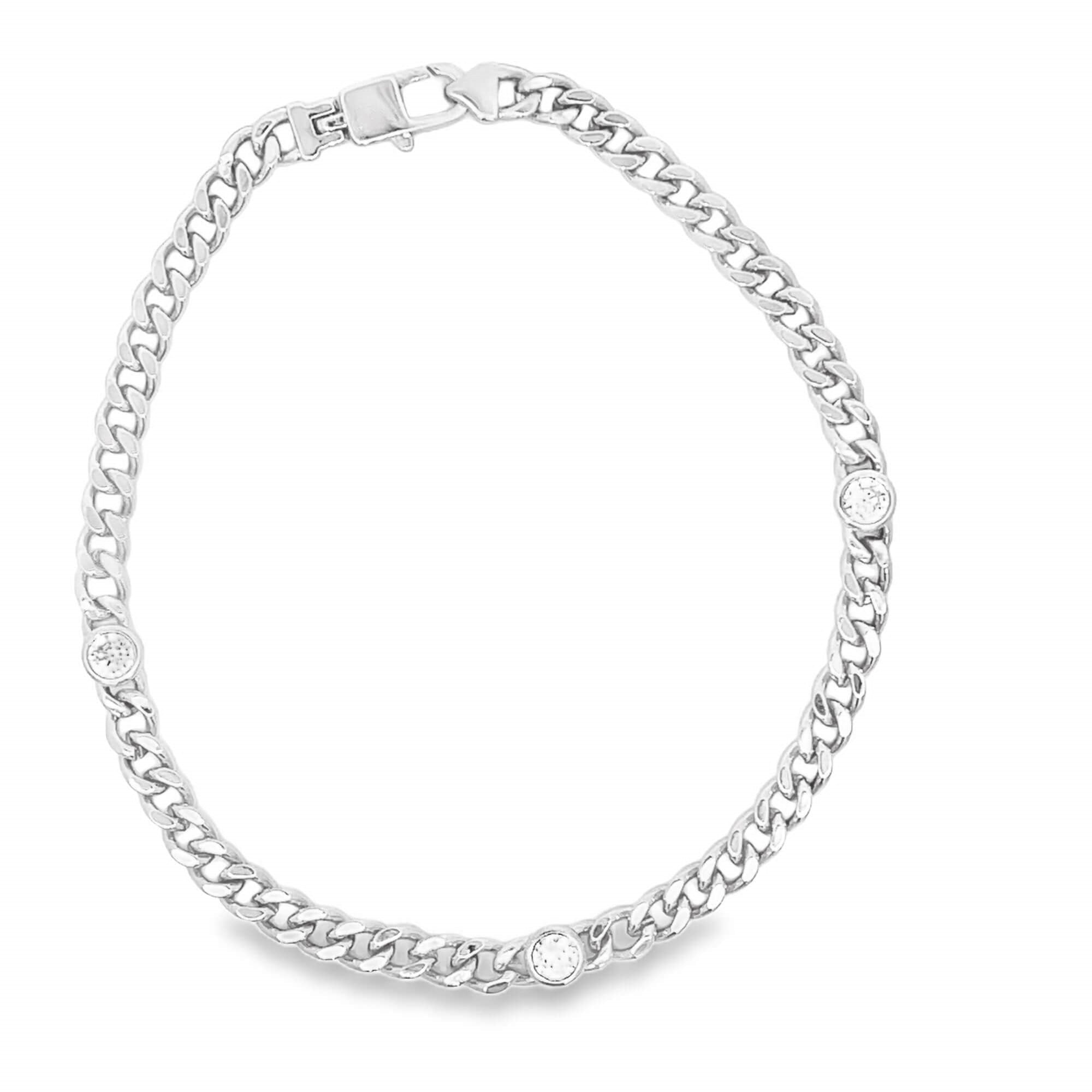 Thin Triple CZ Gemstone Cuban Link Necklace (H282/I428A)