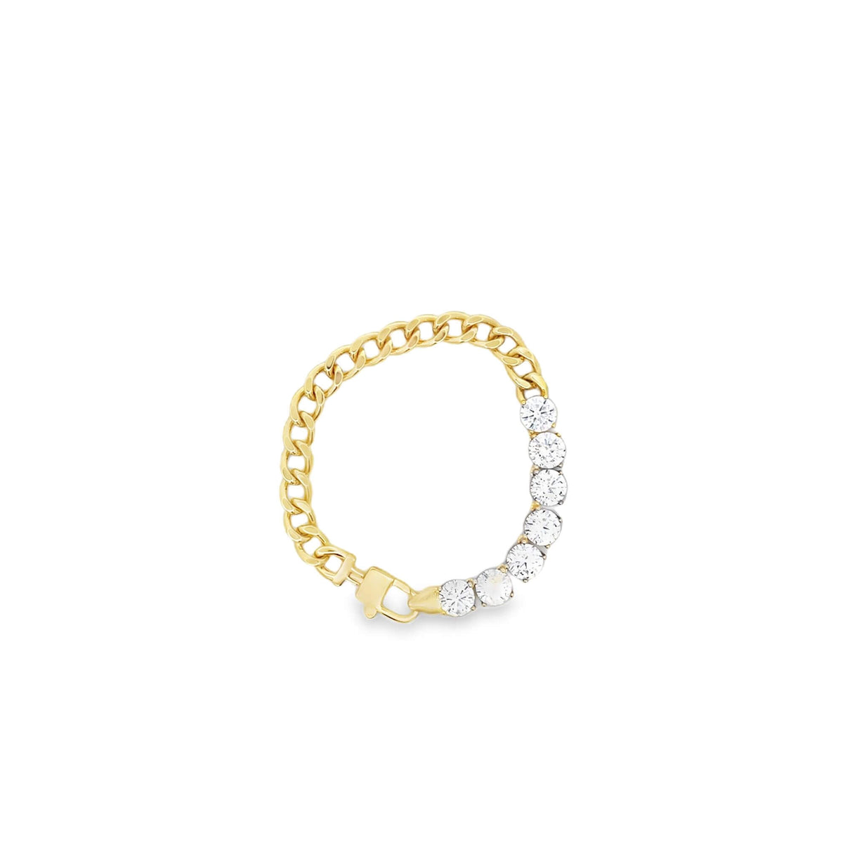 A half-diamond and half-gold chain link ring sits on a plain white background.