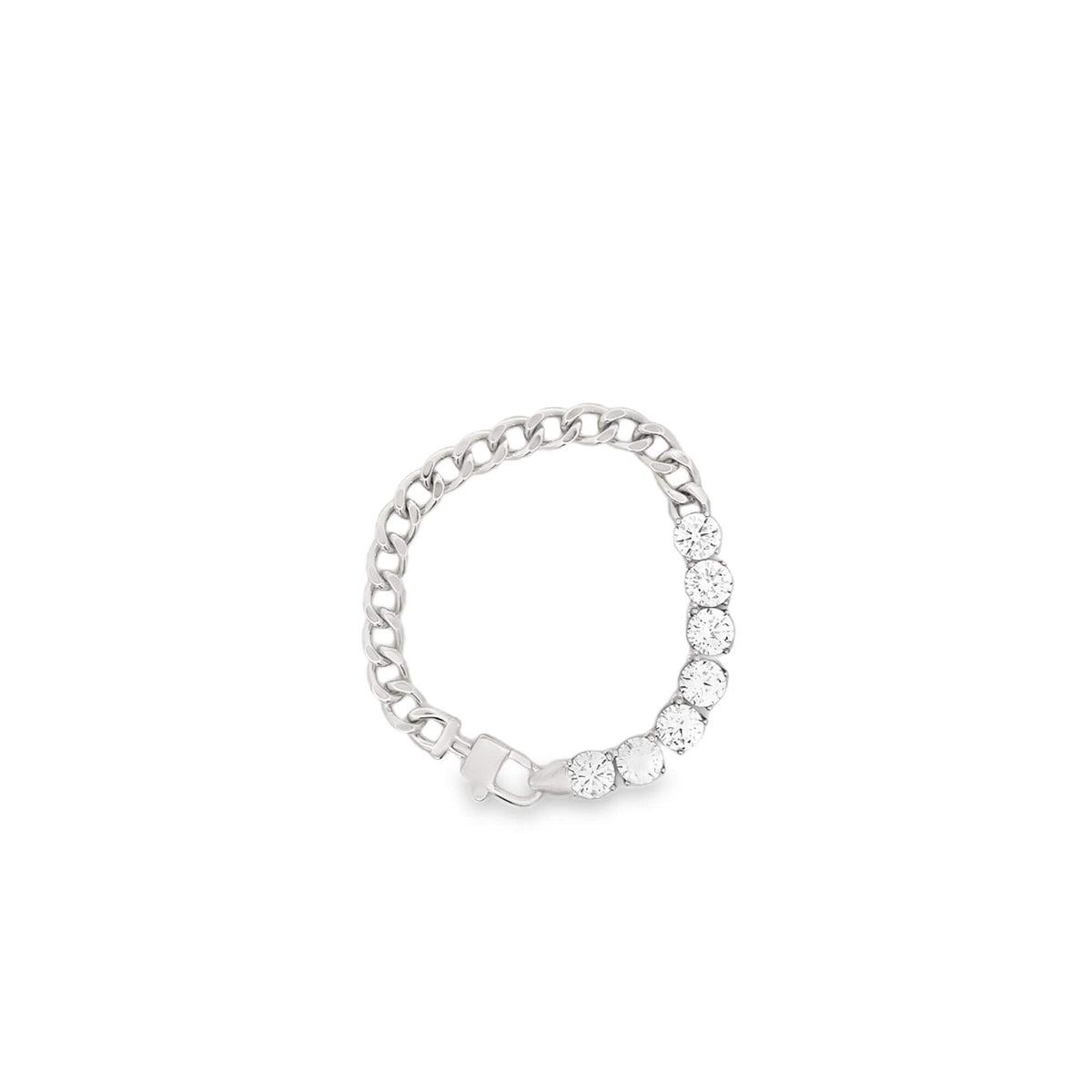 A silver half-chain diamond tennis ring rests flat against a clean white background.