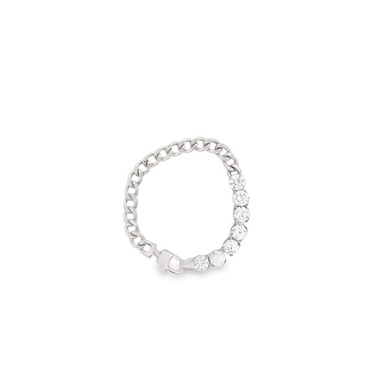 A silver half-chain diamond tennis ring rests flat against a clean white background.