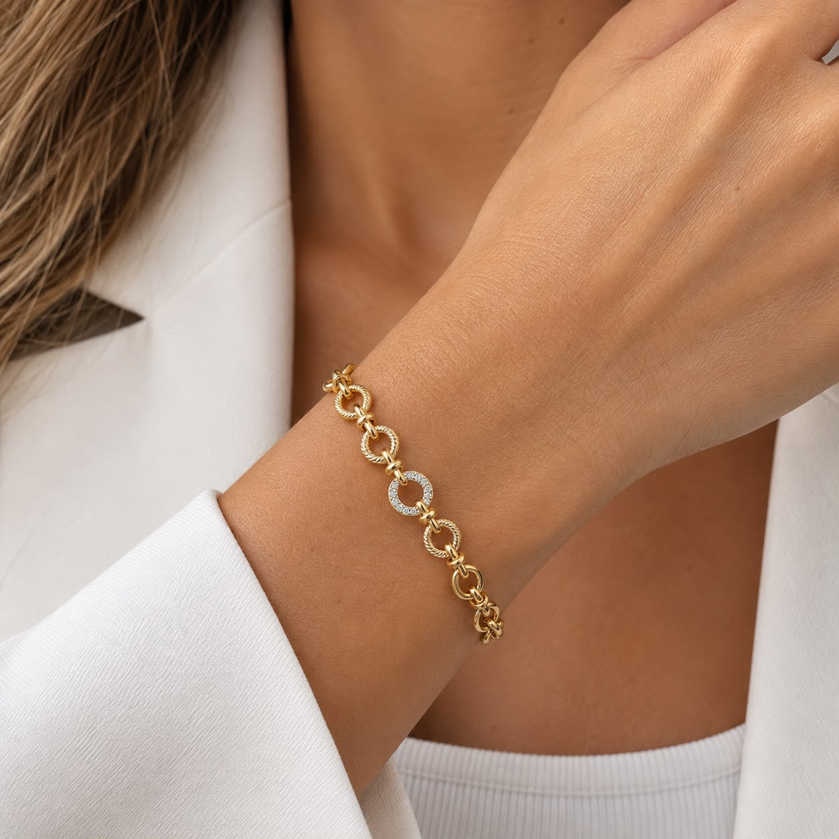 Textured Circle Link CZ Bracelet (F190B/I267)