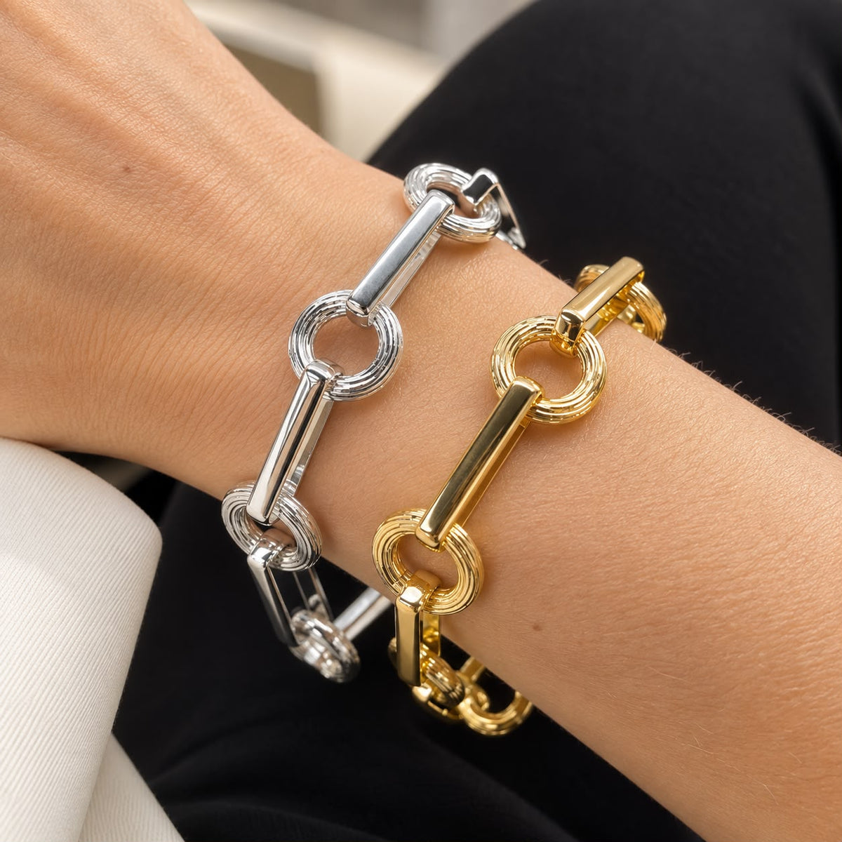Shop the Thick Round & Rectangular Link Bracelet featuring bold mixed-shape links and a polished finish. Available in 18K Gold Filled and Silver Laminated.