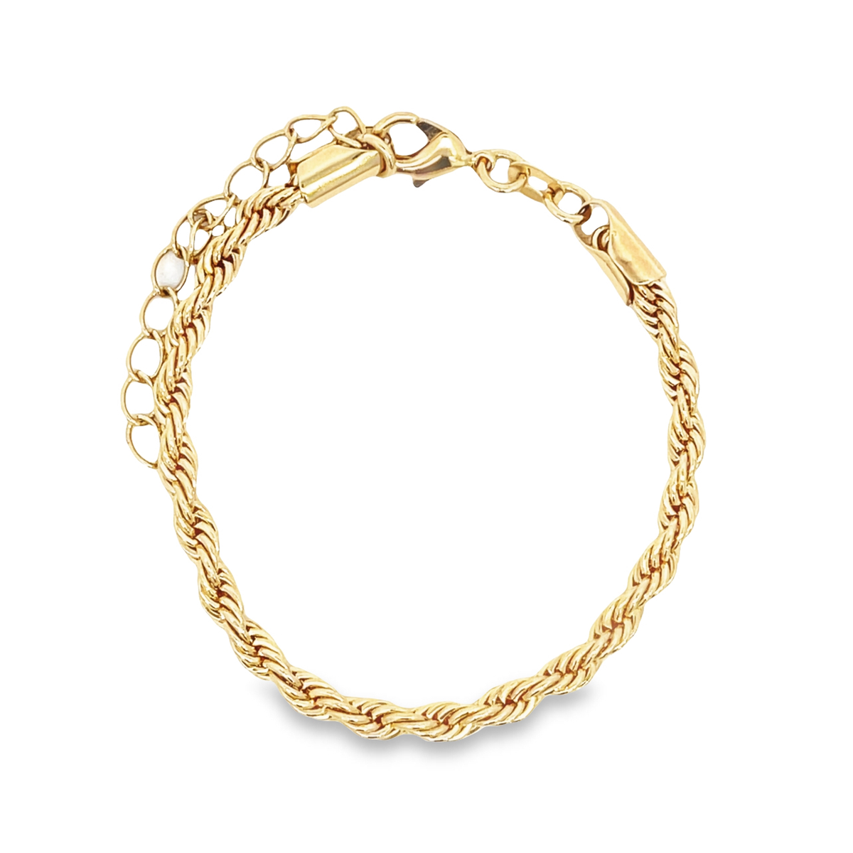 A gold rope chain bracelet curves gracefully against a clean white background, showcasing its detailed twisted design and secure lobster clasp.