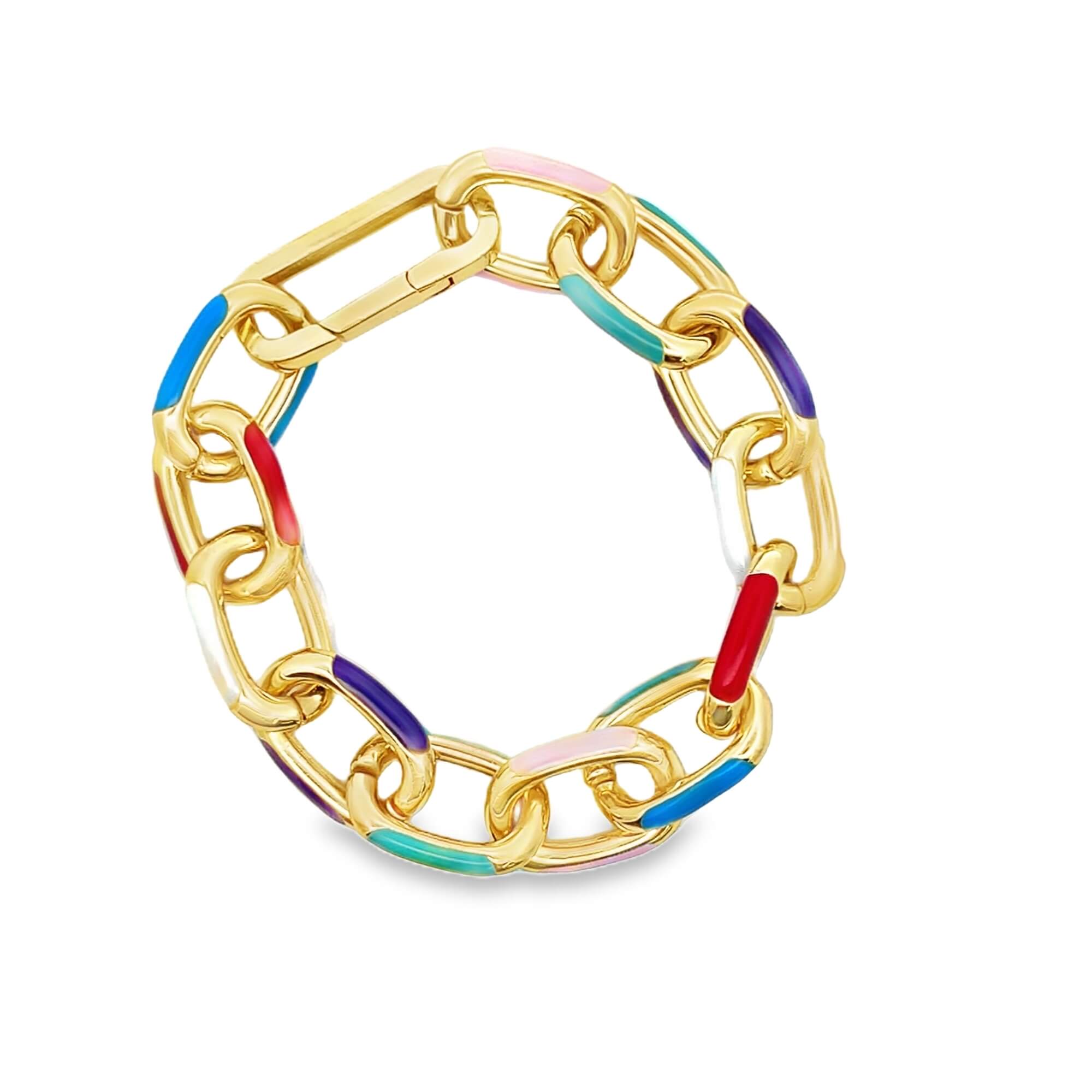 A gold-plated chain link bracelet features vibrant enamel accents in various pastel and bold colors.