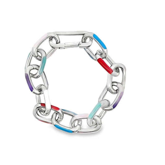 A chunky silver link bracelet features vibrant enamel accents in shades of blue, red, purple, and white.