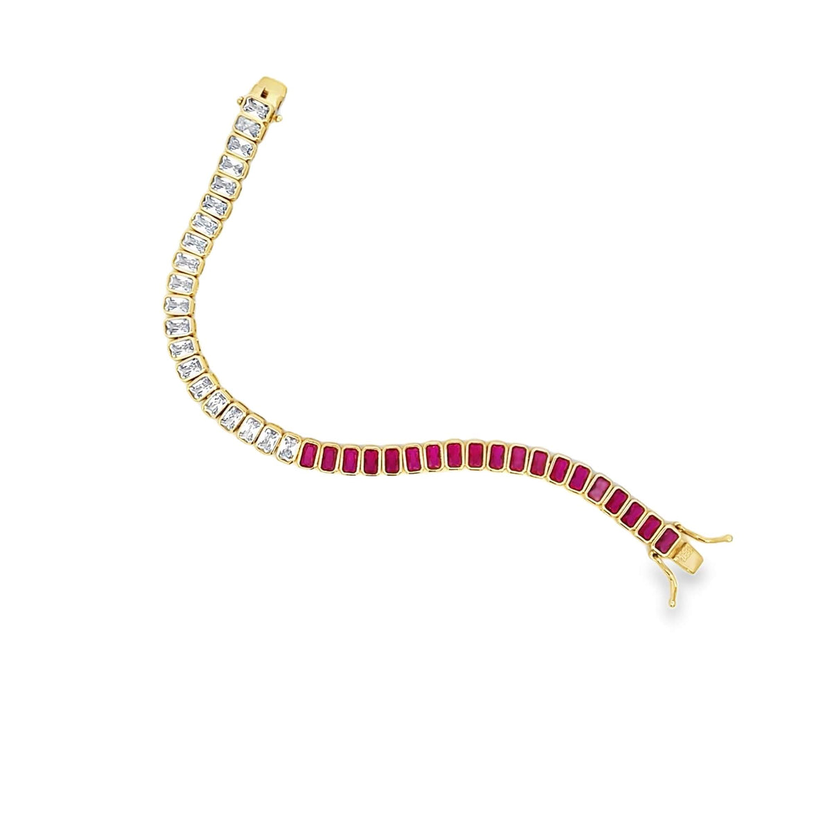 A delicate gold tennis bracelet curves gracefully on a white background, featuring alternating rows of radiant diamond and ruby gemstones.