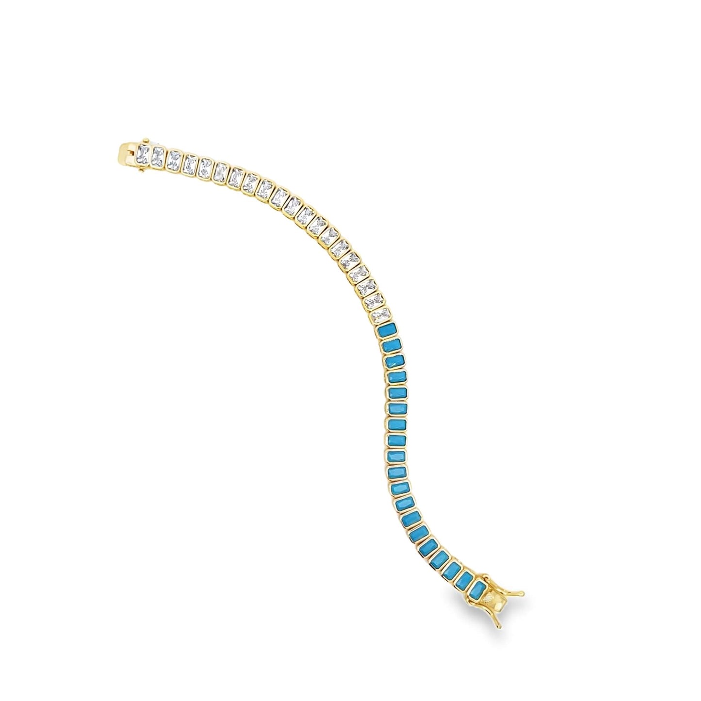 A curved gold tennis bracelet features alternating sections of sparkling cubic zirconia stones and vibrant turquoise enamel rectangles against a clean white background.