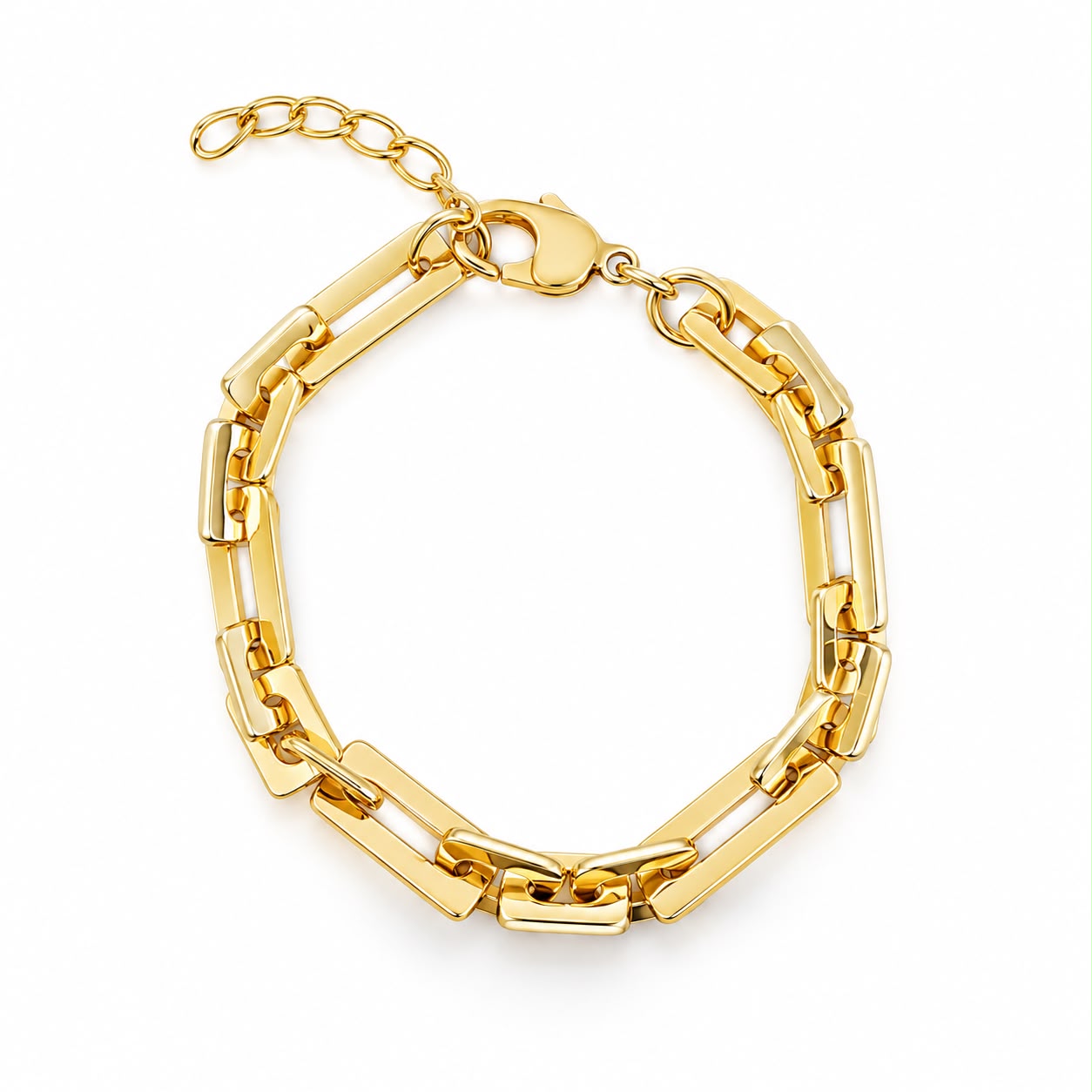 Shop a modern rectangular link bracelet featuring a polished finish and bold contemporary design. Available in 18K Gold Filled and Rhodium Filled finishes.