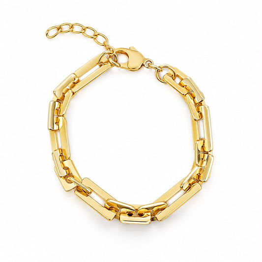 Shop a modern rectangular link bracelet featuring a polished finish and bold contemporary design. Available in 18K Gold Filled and Rhodium Filled finishes.