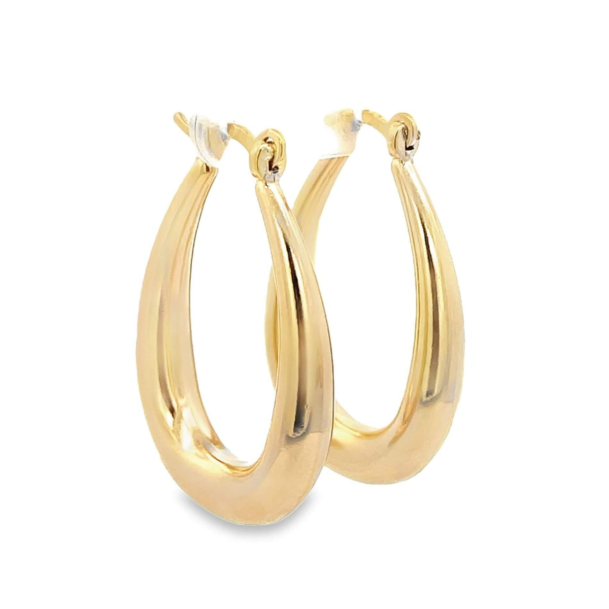 A pair of polished gold hoop earrings displays a sleek, teardrop-shaped design against a clean white background.