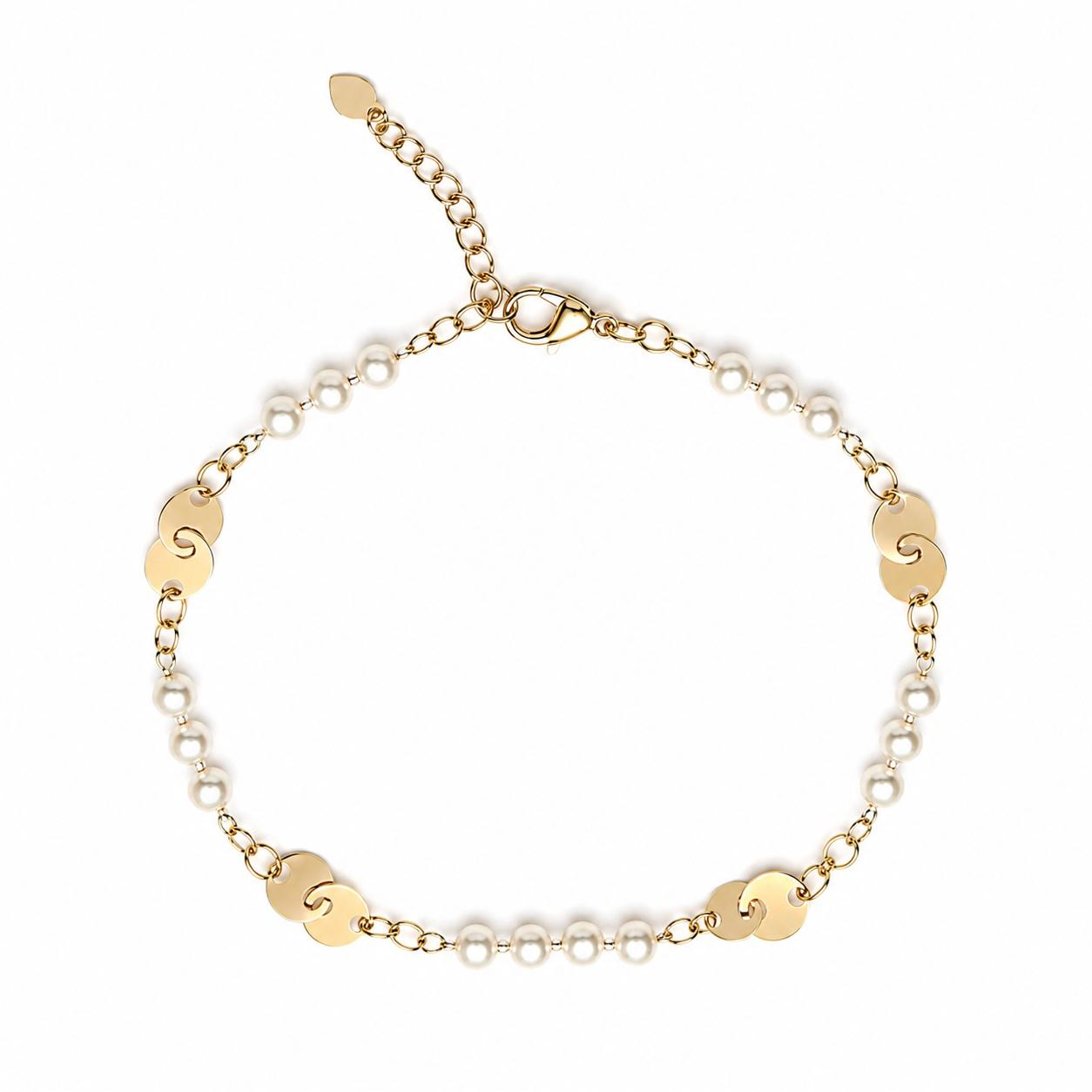 A delicate gold chain bracelet features alternating pearls and gold coin charms against a white background.