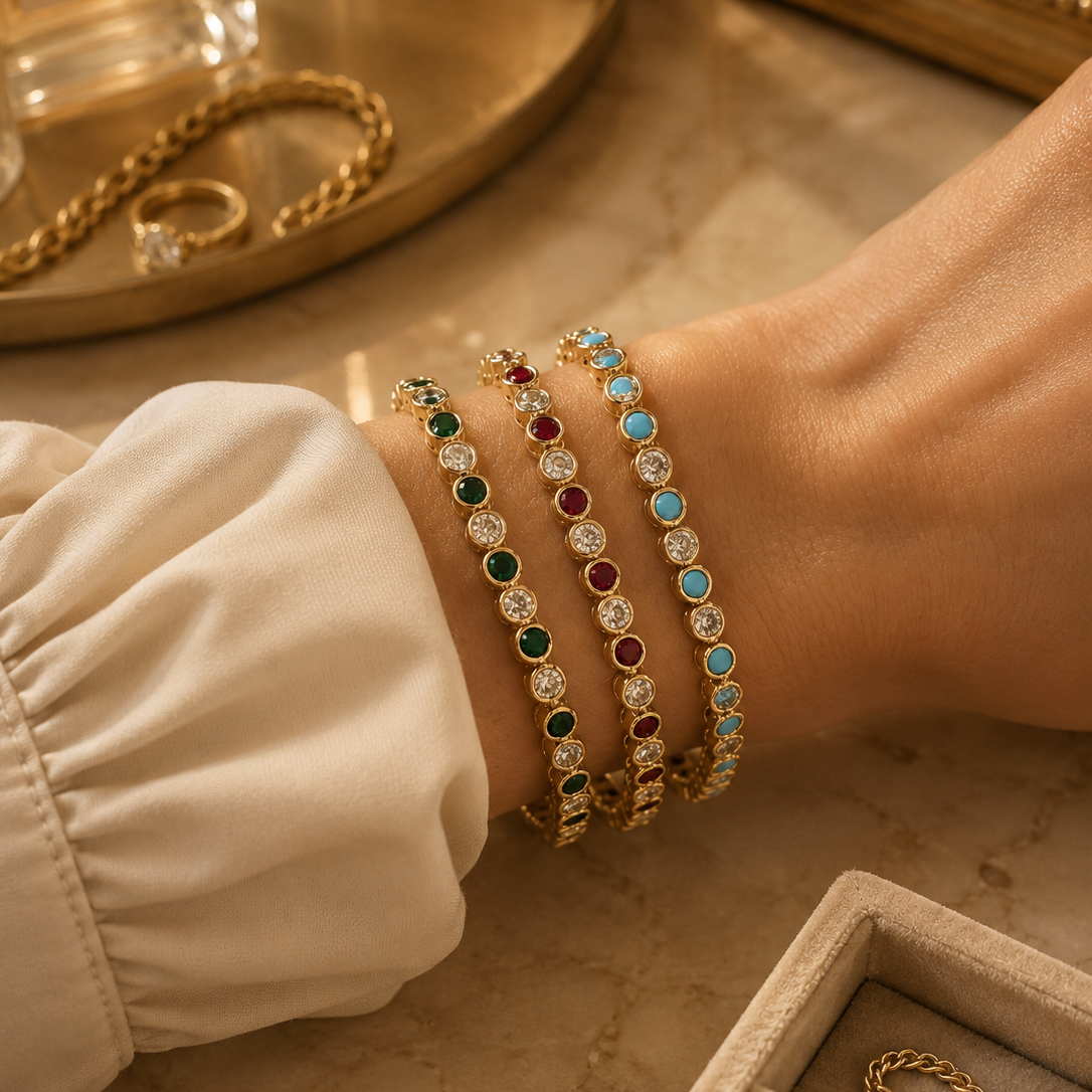 All our jewelry is 18K Gold Filled – durable, tarnish-resistant and perfect for everyday wear.

Available in multiple stone colors.