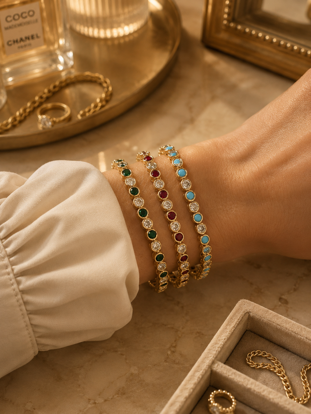 All our jewelry is 18K Gold Filled – durable, tarnish-resistant and perfect for everyday wear.

Available in multiple stone colors.