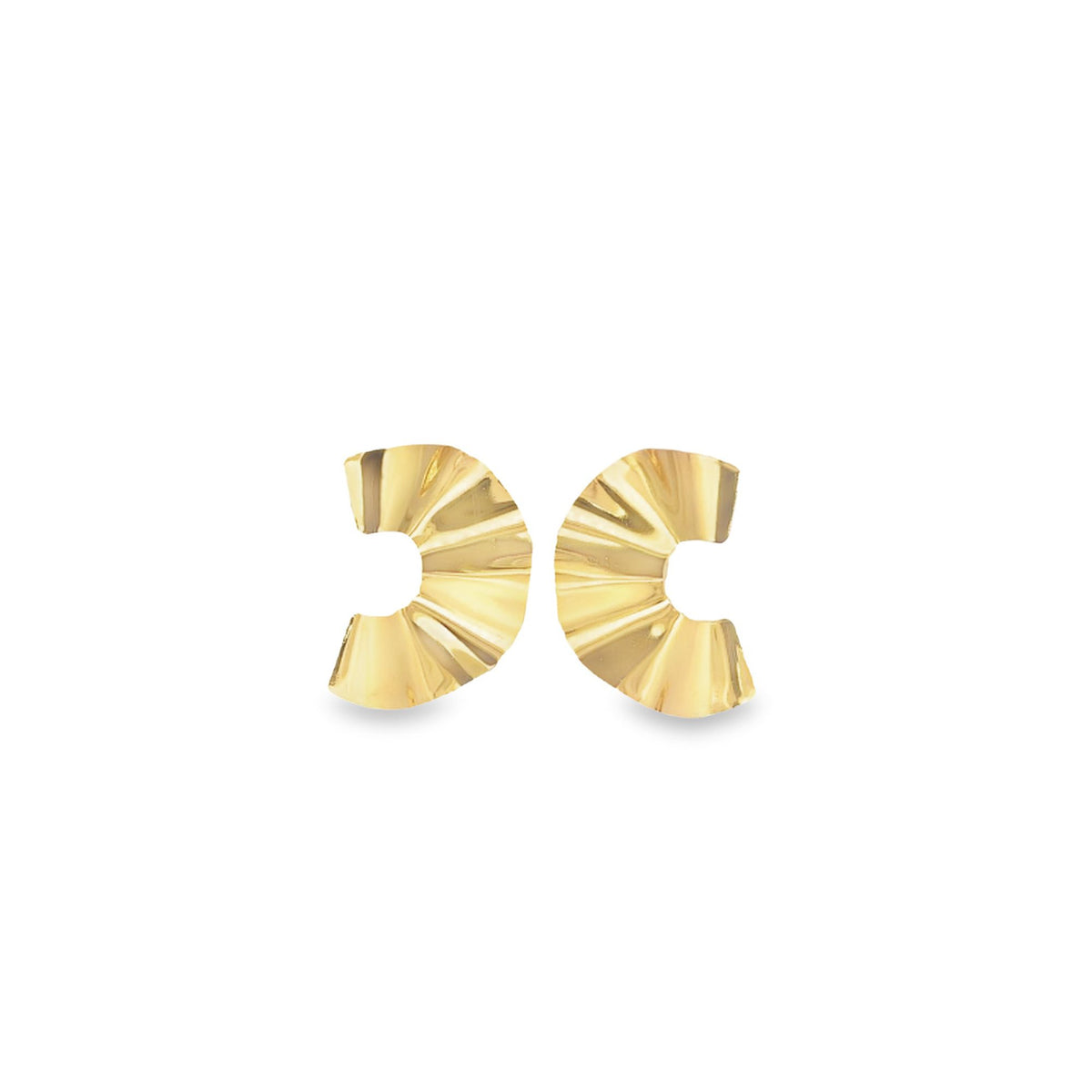 A pair of glossy gold pleated fan-shaped hoop earrings rests against a clean white background.