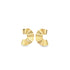 A pair of glossy gold pleated fan-shaped hoop earrings rests against a clean white background.
